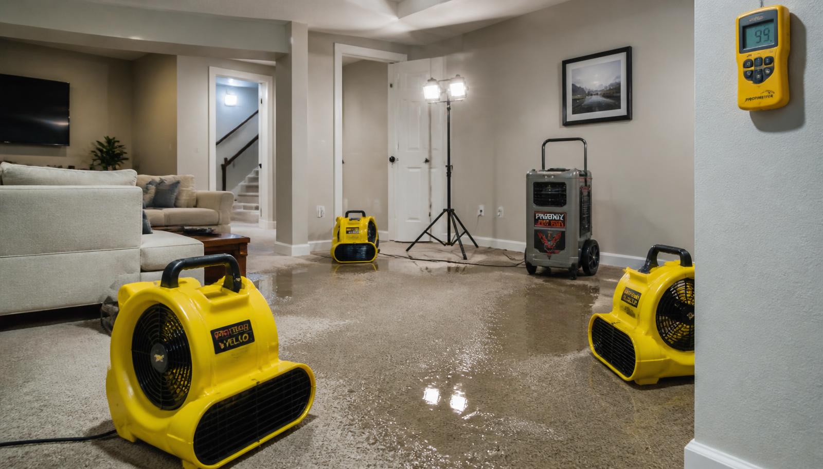 Air movers and a dehumidifier drying a flooded finished basement in Saratoga Springs, UT